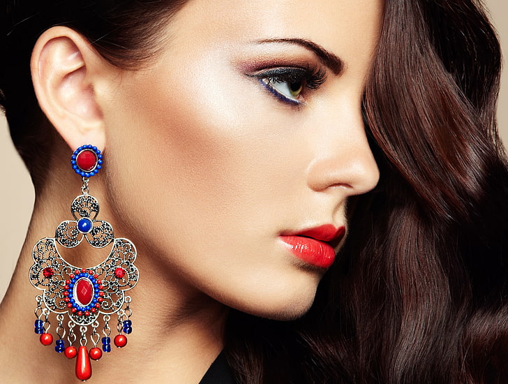 HD wallpaper: women's blue and red chandelier earring, girl, model, hair,  earrings | Wallpaper Flare