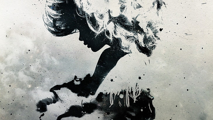 Alex Cherry, artwork, monochrome, silhouette, paint splatter