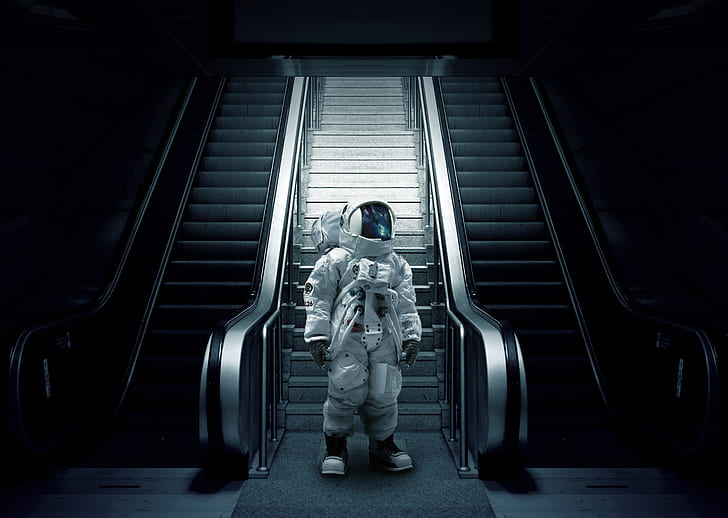 astronaut, cosmonaut, spacesuit, escalator, stairs, HD wallpaper