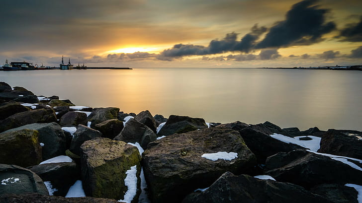 body of water and black stones photography, seconds, sunset, iceland