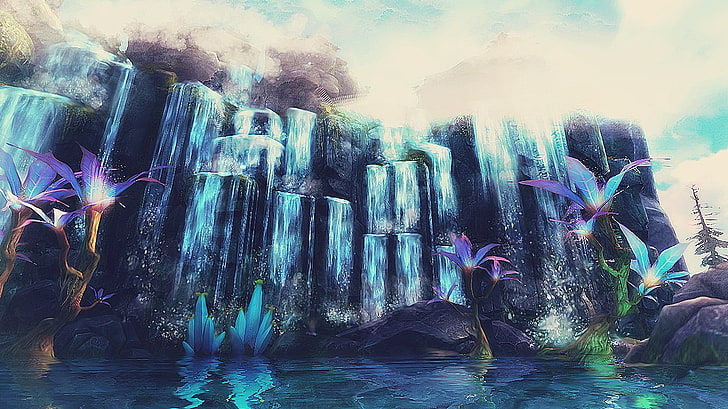 waterfalls digital wallpaper, video games, Perfect World, motion