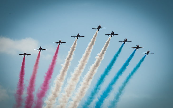 airplane, contrails, Patrouille de France, air vehicle, flying, HD wallpaper