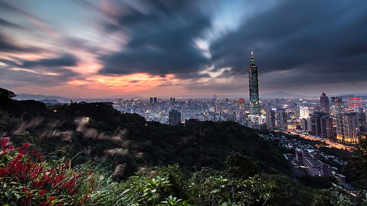 the sky, mountains, night, clouds, the city, hills, vegetation