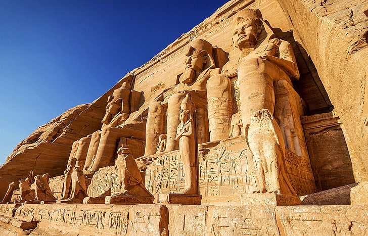 Egyptian statue, The sky, Rock, Temple, statues, Ancient, Abu Simbel