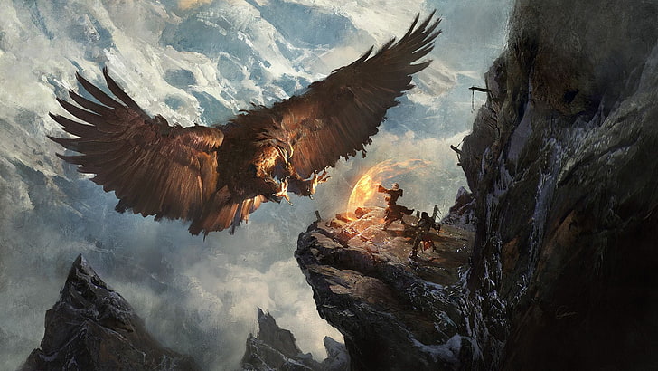 giant bird illustration, artwork, fantasy art, eagle, mountains