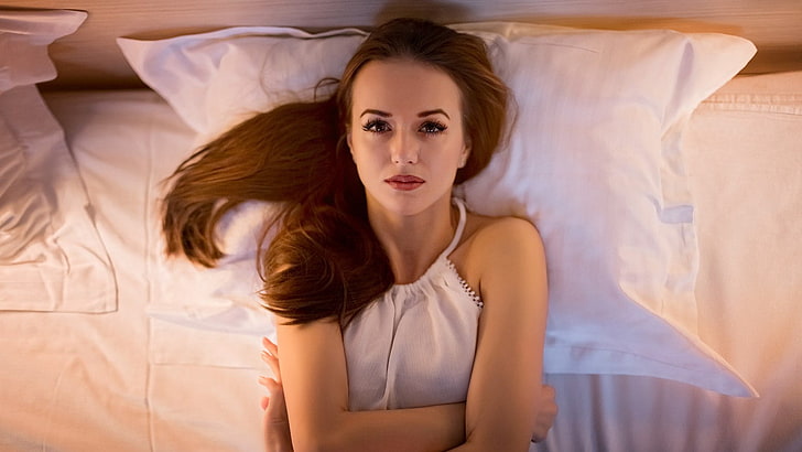 women, portrait, Dmitry Korneev, model, face, pillow, in bed, HD wallpaper
