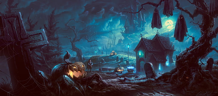 halloween, graveyard, pumpkins, vampire, abandoned, Fantasy