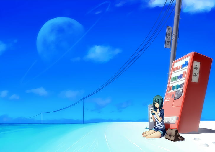 sky, vending machine, anime girls, planetary rings