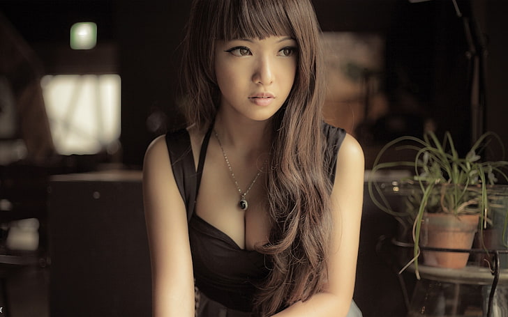 women's black scoop-neck sleeveless top, Japanese, Japanese women, HD wallpaper