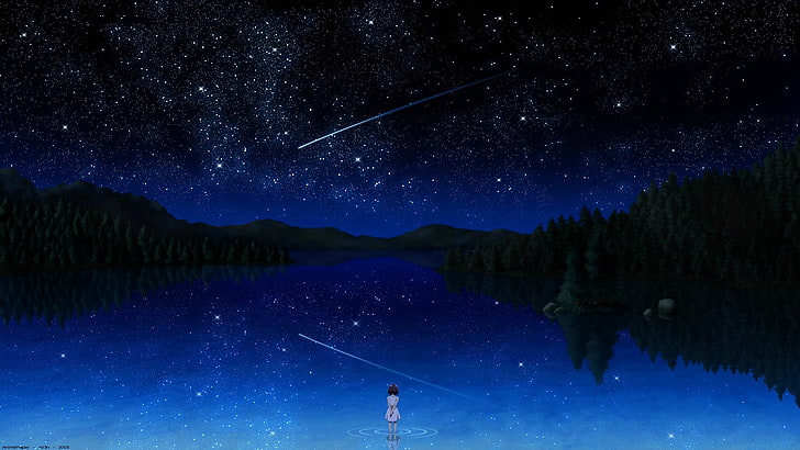 girl standing wallpaper, anime, anime girls, water, forest, sky, HD wallpaper