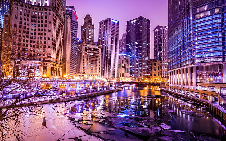 Chicago, USA, Illinois, skyscrapers, buildings, night lights, river, winter, ice