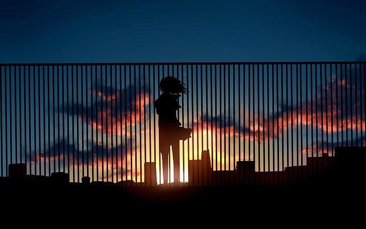 black steel fence, sunset, digital art, silhouette, anime girls
