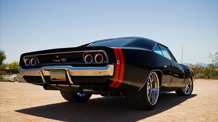 black muscle car, Dodge Charger R/T, mode of transportation, land vehicle, HD wallpaper