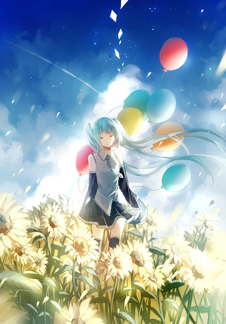 Vocaloid, Hatsune Miku, long hair, twintails, balloon, flowers, HD wallpaper