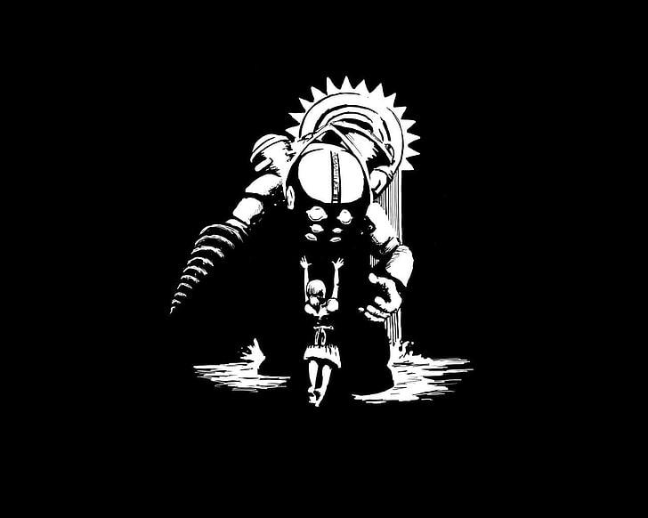 black and white illustration, BioShock, artwork, monochrome, video games, HD wallpaper