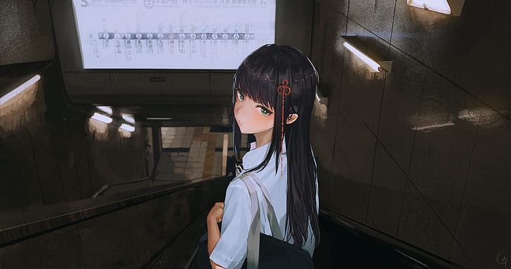 black hair, escalator, green eyes, long hair, school uniform, HD wallpaper