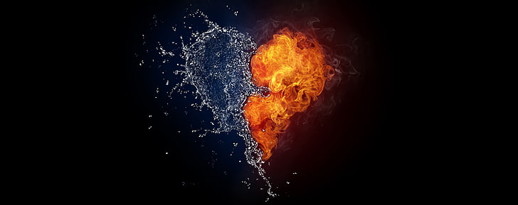 Water And Flames Heart, heart fire and water digital wallpaper, HD wallpaper