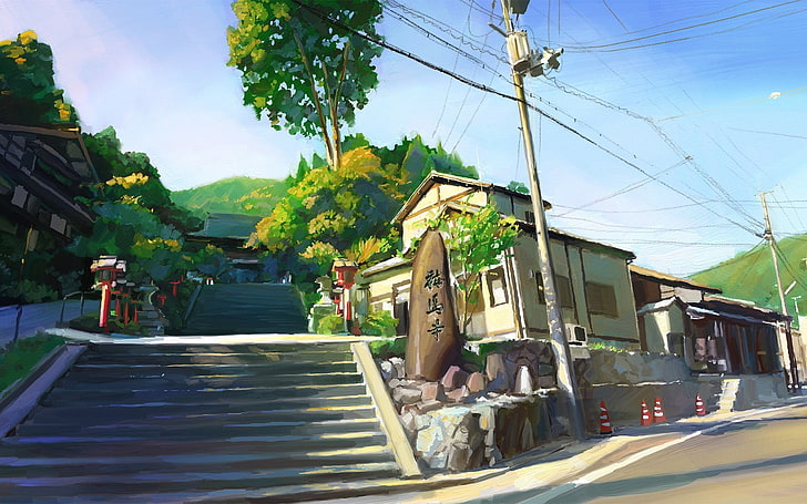digital painting of town street during daytime, artwork, stairs