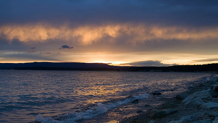 body of water, beach, sea, stones, sky, clouds, sunset, cloud - sky, HD wallpaper