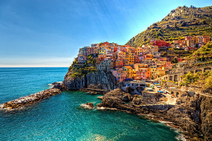 mountain village, Italy, Cinque Terre, Manarola, town, sea, building, HD wallpaper