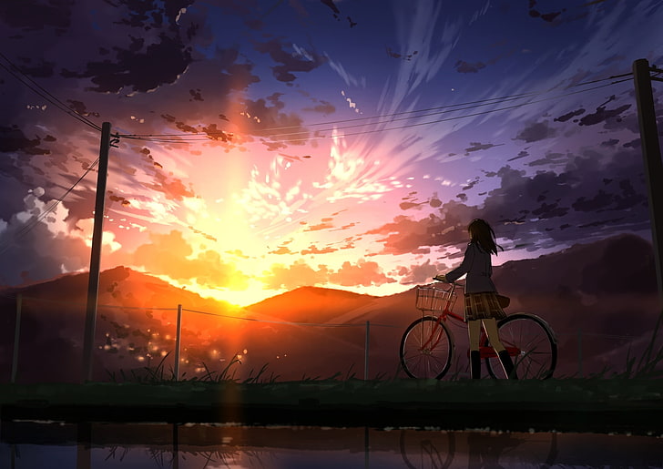 anime girl, bicycle, sunset, scenic, school uniform, mountain