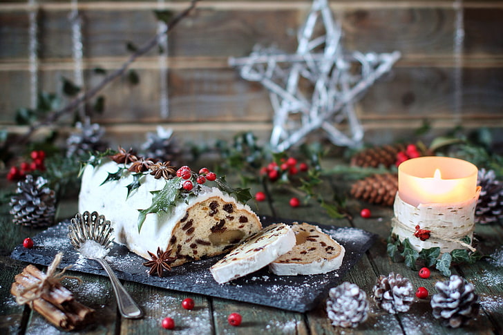 cake roll, winter, food, candles, New Year, Christmas, the scenery, HD wallpaper