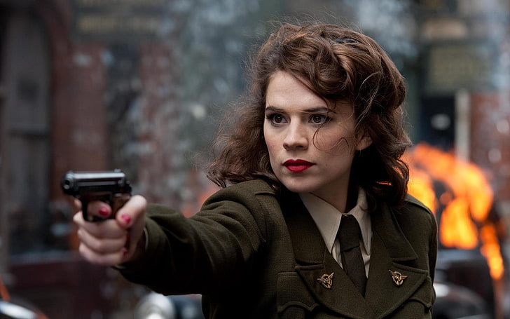 red lipstick, weapon, uniform, Peggy Carter, Hayley Atwell, HD wallpaper