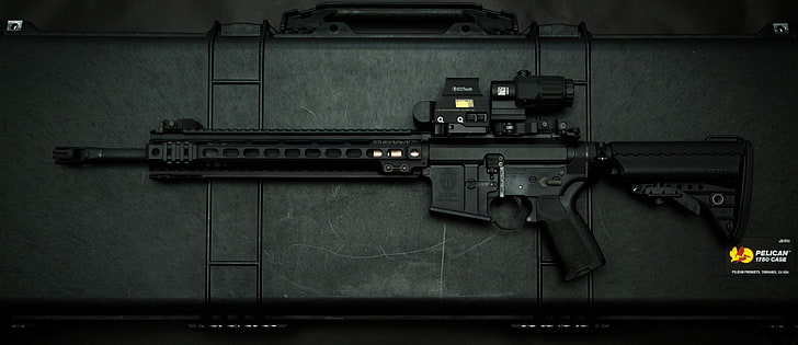 black rifle gun, AR-15, assault rifle, weapon, indoors, communication, HD wallpaper