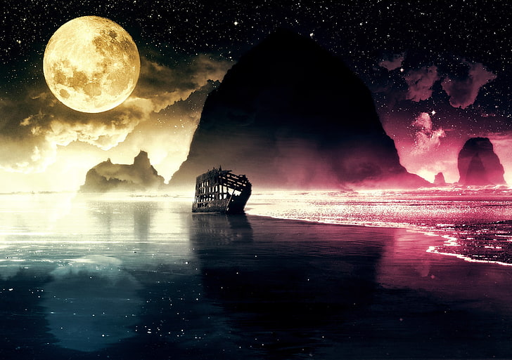 sail boat digital wallpaper, Moon, shipwreck, stars, colorful, HD wallpaper