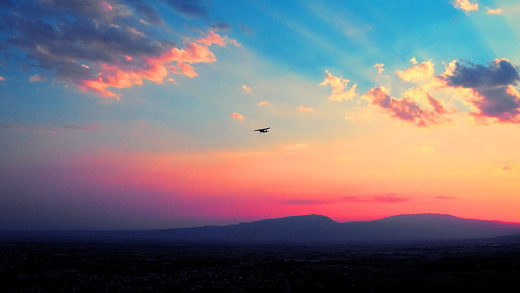 silhouette of plane and mountain at golden hour, airplane, clouds, HD wallpaper