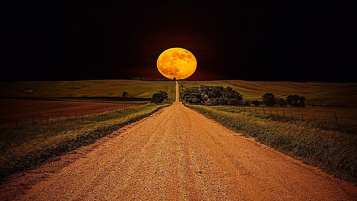 road, moon, full moon, field, way, night sky