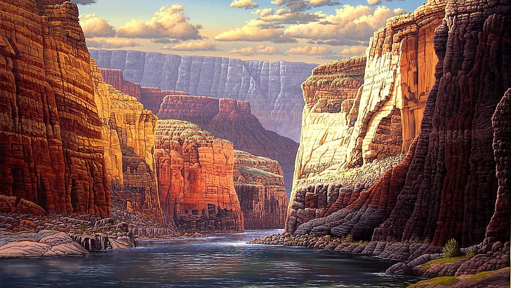 brown rock formation, nature, landscape, digital art, mountains, HD wallpaper