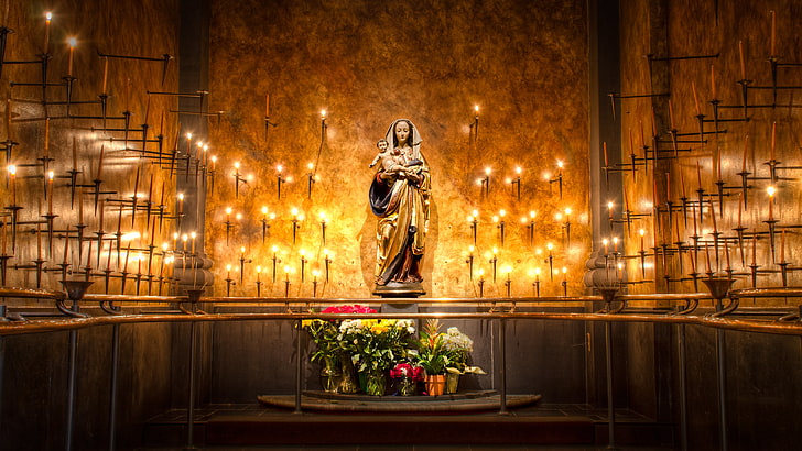 HD wallpaper: Mother Mary and Jesus Christ statue, flowers, candles, The  Virgin Mary | Wallpaper Flare
