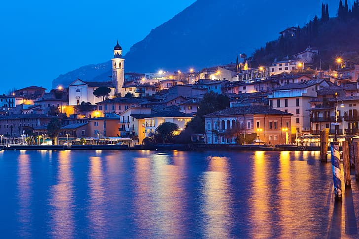 lake, building, home, Italy, night city, Lombardy, Lake Garda, HD wallpaper
