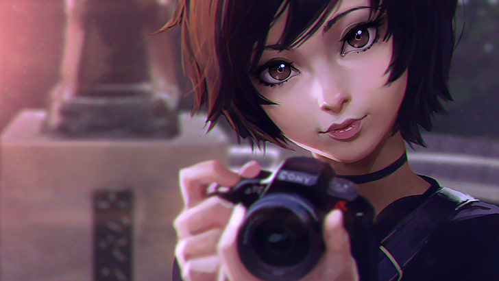 brown haired anime character illustration, anime girls, camera, HD wallpaper