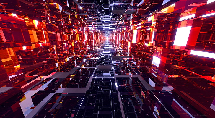 Black and Red Mirrored Tunnel, red cubes illustration, Artistic, HD wallpaper