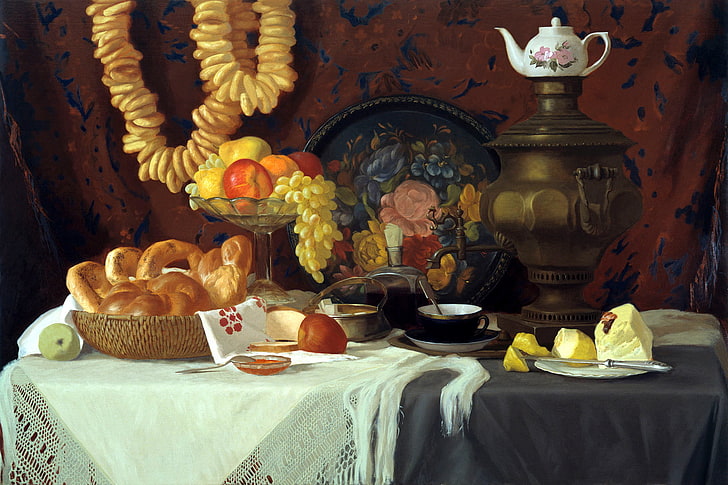 bread platter, tea, apples, oil, picture, art, grapes, artist