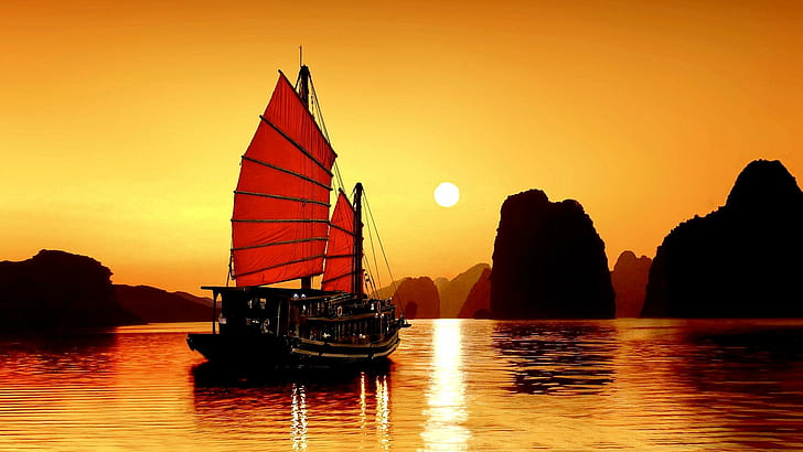 Junk At Sunset, brown and red sailing boat, mountain, indochina