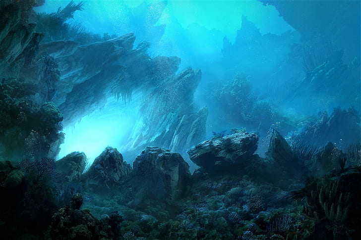 underwater, beauty in nature, rock, rock - object, no people, HD wallpaper