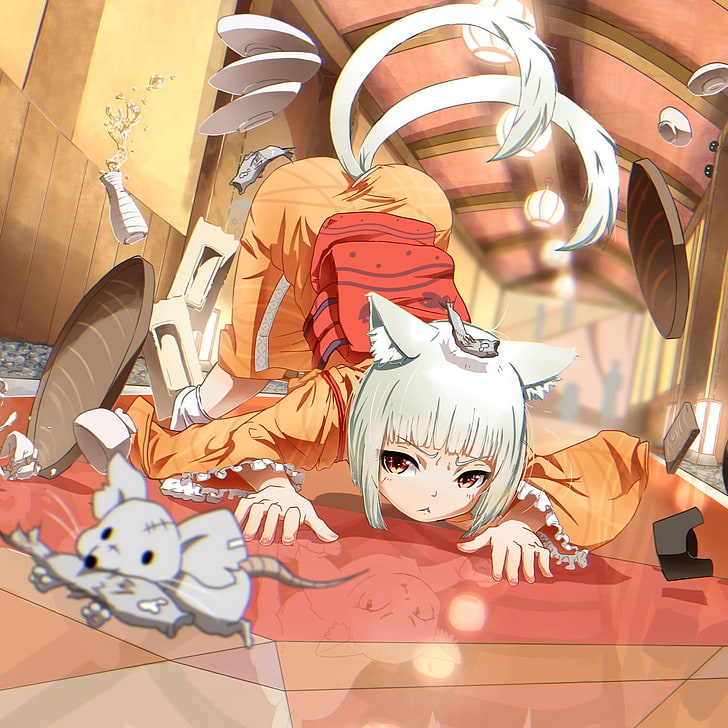 white-haired girl illustration, cat girl, anime girls, cat ears