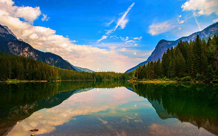 nature, landscape, lake, reflection, mountains, clouds, forest