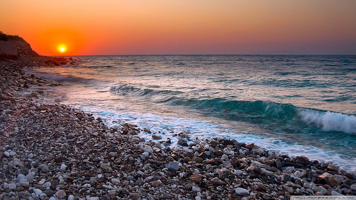 nature, sea, rock, waves, water, sky, beach, sunset, motion, HD wallpaper