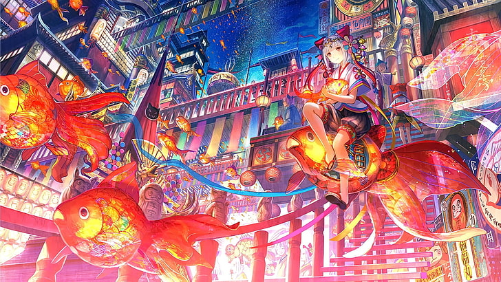 fish, anime girls, original characters, oriental, Asian architecture