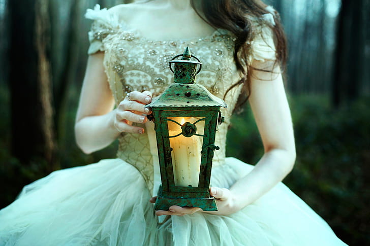 girl, candle, lantern, Bella Kotak, In the Twilight hours, HD wallpaper