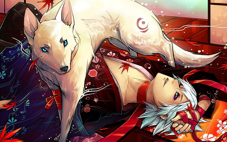 HD wallpaper: White wolf passing over boy in kimono, white dog on white  haired male anime character graphics | Wallpaper Flare