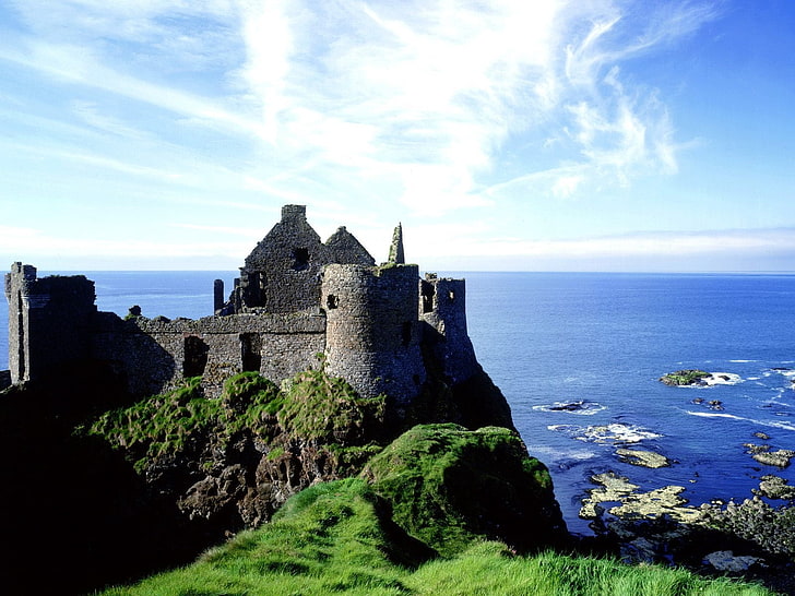gray bricked castle, dunluce castle, county antrim, ireland, sea