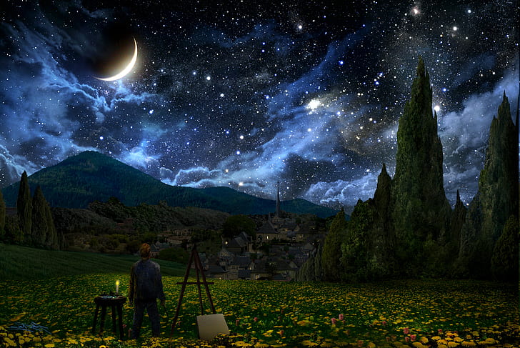 vincent van gogh the starry night crescent moon painters stars landscape, HD wallpaper