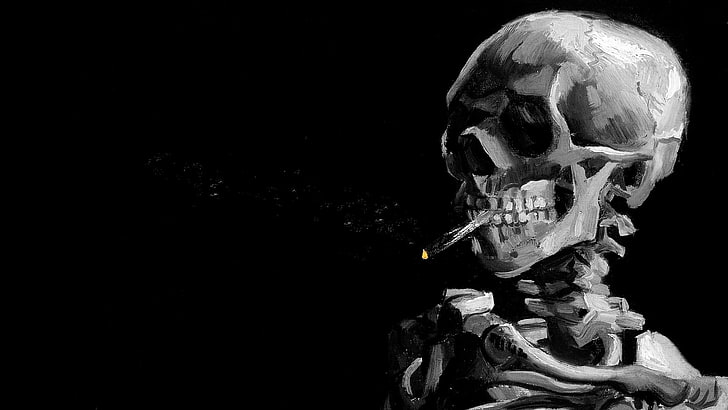 ribs, spine, black background, smoking, smoke, painting, monochrome