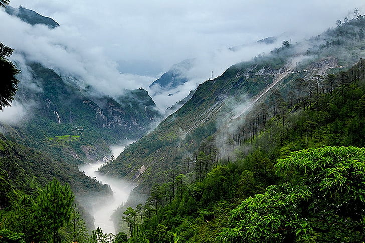photography, nature, landscape, mountains, mist, river, clouds, HD wallpaper