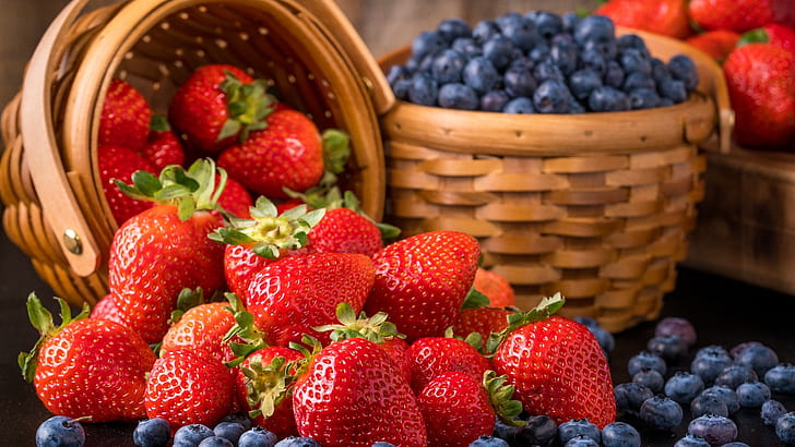 blueberries, fruit, strawberry, strawberries, local food, blueberry, HD wallpaper